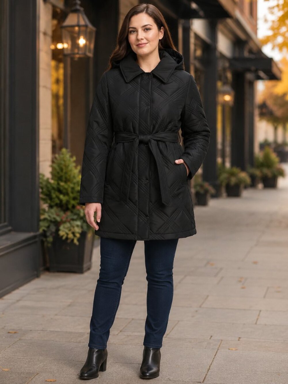 Jones NY Women’s Belted Quilted Jacket Lightweight Detachable hood Black- NWT